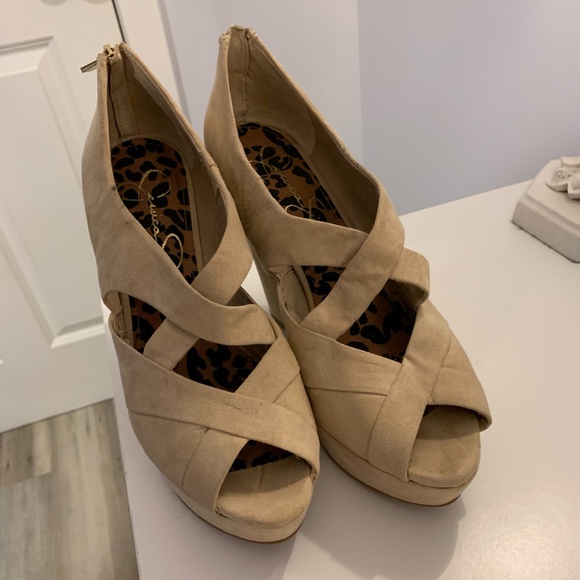 Jessica Simpson Tan Suede Open Toe Wedges - Picture 7 of 11